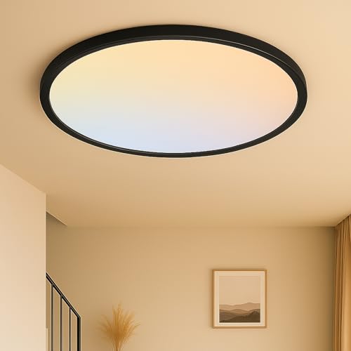 MOONSEA 24 Inch Flush Mount Ceiling Light Fixture 48W - 3000K/4500K/6000K Adjustable Round Large Kitchen Light Fixtures Ceiling 4800lm, Dimmable Light Fixtures for Bedroom, Black