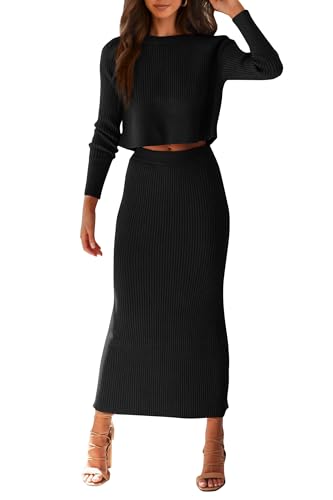 PRETTYGARDEN Women's Fall 2 Piece Sweater Set Rib Knit Long Sleeve Crop Top Maxi Bodycon Skirt Casual Winter Outfits (Black,Small)