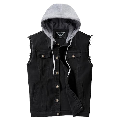 RongYue Men's Denim Vest Casual Button Stretchy Distressed Jean Sleeveless Jacket with Hood (Black,Large)