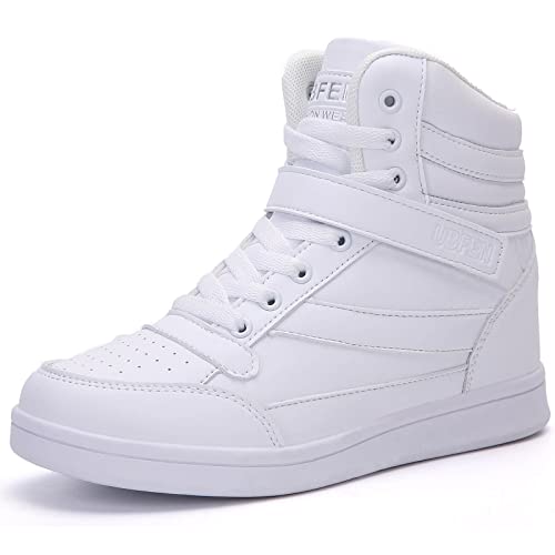 UBFEN Womens High Top Ankle Support Sneakers Vibrant White Wedge Heel Retro 80s Tennis Shoes for Girls Cosplay Removable Insole Backpacking Boots Size 7.5