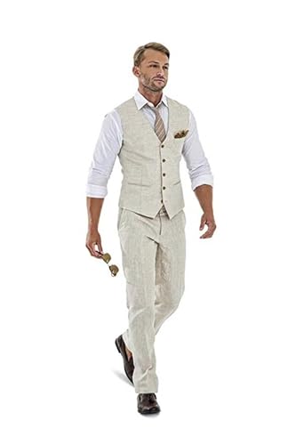 High-End Suits Casual Linen Beige Men's 2 Piece Suits Wedding Suits Slim Fit Groomsmen Tuxedos Prom Blazer Custom Summer Linen Vest+Pant be-M/4034