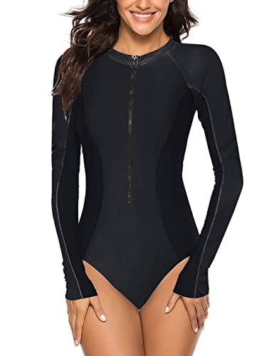 SELINK Women's Long Sleeve Rash Guard UV Protection Zipper Printed Surfing One Piece Swimsuit Bathing Suit Pure Black S