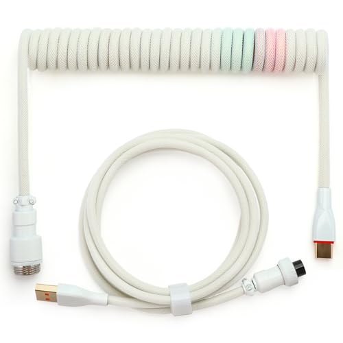 YIMAGUJRX Keyboard Coiled Cable,Custom Coiled Type-C to USB A Cable,Double-Sleeved Wire with 2 Generation Metal Aviator Connector for Mechanical Gaming Keyboard (Pink-Blue Mix)