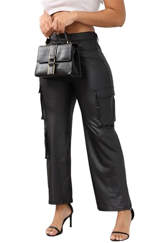 CALEBGAR Women's Faux Leather Pants Stretchy High Waisted Straight Wide Leg Baggy Cargo Pants Trousers with Pockets Black