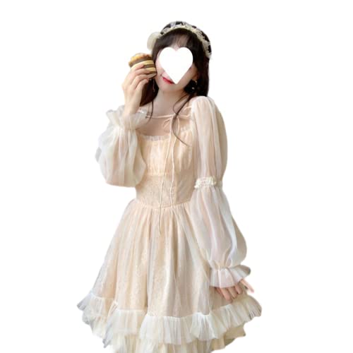 French Fairy Niche Lace Dress Women Long Sleeve Vintage Design New Dress (Color : Apricot, Size : Small)