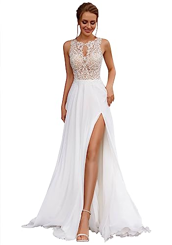 SEIM Vintage Lace Plus Size Chiffon Wedding Gowns with Slit Simple Boho Beach Wedding Dresses for Bride 2024 Ivory Plus Size 16W