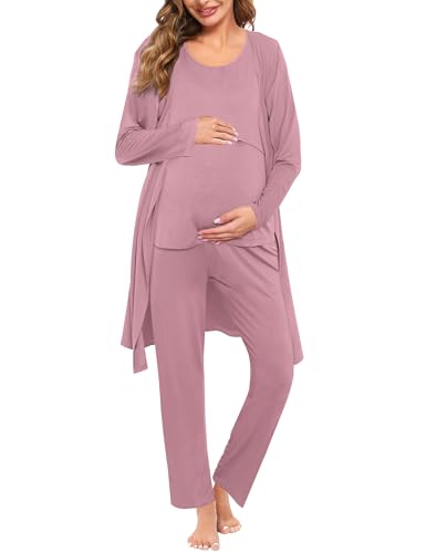 SWOMOG Maternity Nursing Robe Set 3 PCS Women Postpartum Pajamas Breastfeeding Labor Delivery Hospital Pregnancy Pjs (Taro Purple, Medium)