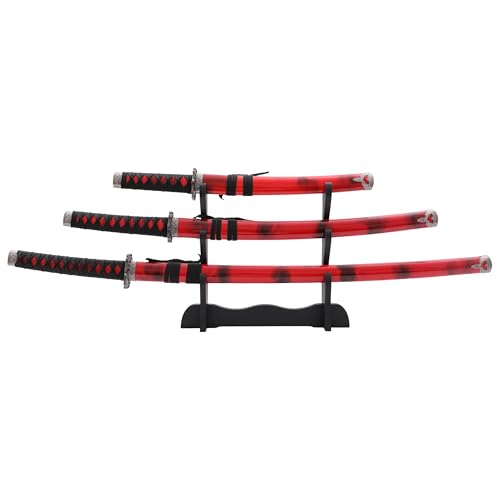 3-Piece Japanese Samurai Sword Set - Japanese Decor with Carbon Steel Katana, Wakizashi, and Tanto Swords - Martial Arts Weapons with Wood Display Stand, Sheaths, and Scabbards (Red)