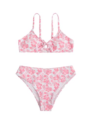COZYEASE Girls' 2 Piece Ditsy Floral Print Knot Front Ruched Triangle Bikini Swimsuit Light Pink 12 Years