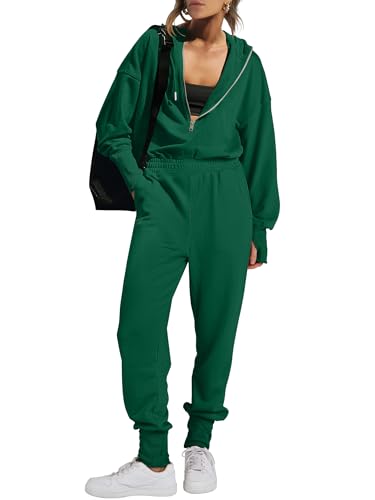 Caracilia Jumpsuits for Women Fall Casual Sweatsuits Long Sleeve Zip Sweatshirts Jogger Sweatpants One Piece Romper Outfits﻿ Green Small