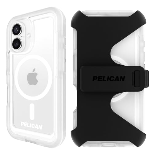 Pelican Voyager iPhone 16 Case [Compatible with MagSafe] Rugged Phone Case w/ 18ft Military-Grade Drop Protection - Heavy Duty Phone Cover w/Belt Clip Holster for iPhone 16 - Clear