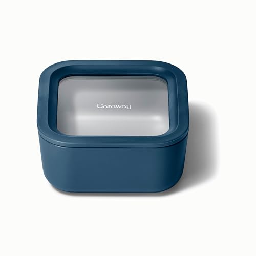 Caraway Glass Food Storage - 4.4 Cup Ceramic Coated Food Container - Non Toxic, Non Stick Lunch Box with Glass Lids. Dishwasher, Oven, & Microwave Safe - Navy