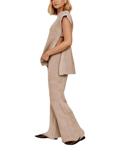 Lviefent Womens 2 Piece Outfits Sweater Set Sleeveless Side Slit Pullover Top Knit Wide Leg Pants Lounge Matching Sets (Khaki-L)