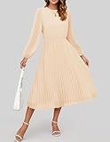 ZESICA Women's Fall Long Sleeve Dresses 2025 Casual Crewneck Chiffon Swing Pleated A Line Cocktail Party Midi Dress,Apricot,Medium