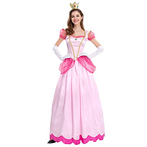 Princess Peach Costume Adult Women Super Mario Themed Party Fancy Dress Up Short Puff Sleeve Long Maxi Dresses + Gloves + Crown 3Pcs Fairy Outfit Halloween Christmas Carnival Cosplay Pink L