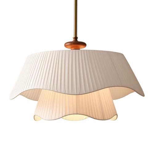 Scandinavian Two Tier Pleated Fabric Pendant Light 20 Inch White Wavy Shade Brass Gold Wood Accent Modern Adjustable Hanging Fixture for Dining Room Living Room(50CM)