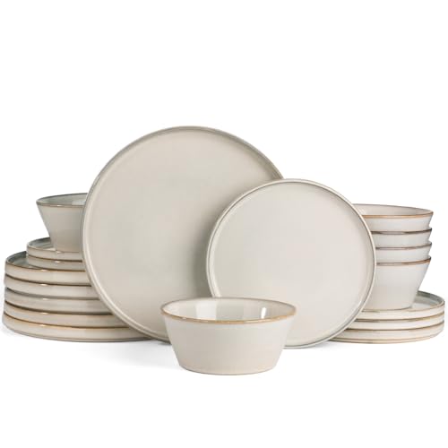 Famiware Annecy Dinner Plates and Bowls Sets, Stoneware Dinnerware Sets, Dishes Set for 6, 18 Pieces Handmade Dishware Set - Microwave & Dishwasher Safe, Double Reactive Glaze Tableware, Grey-White