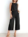 ANRABESS Women's Summer 2 Piece Outfits Sleeveless Crop Top Capri Wide Leg Pants Jumpsuit Casual Linen Lounge Matching Sets Beach Travel 2025 Trendy Clothes Black Medium