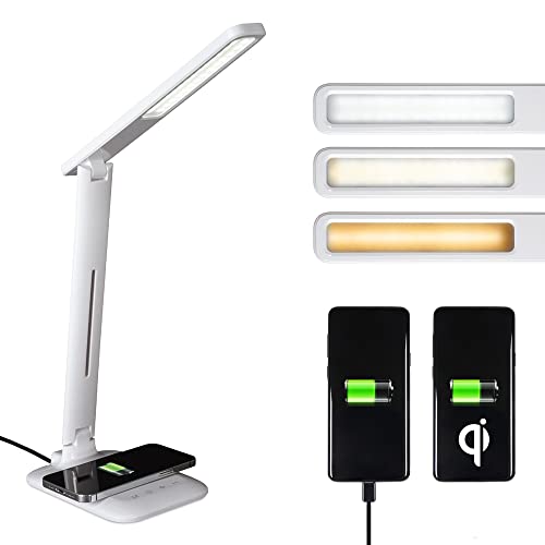 OttLite Charge Up LED Desk Lamp with Wireless Qi Charging & USB Charging Port, with ClearSun LED Technology - Adjustable Neck, 3 Color Temperature Modes, Reduces Eyestrain - Travel-Friendly Task Lamp