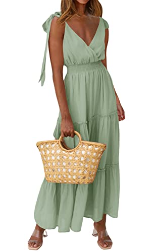 PRETTYGARDEN Women's Dress Spaghetti Strap Shoulder Knot Wrap Neck Summer Dresses Ruffle Hem Smocked High Waist Sleeveless Tiered Maxi Dress (Green,Small)