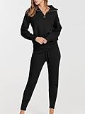 ANRABESS Women's Two Piece Outfits Sweater Sets Long Sleeve Zip Up Knit Pullover Jogger Pants Tracksuit 2024 Fall Lounge Sets Black Medium