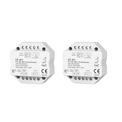 SCHAAN 0/1-10V Tuya WiFi Wireless AC Push LED Dimmer Switch Module 110V 220V Smart Life APP Remote Voice Control (Color : 2X L1(WT))