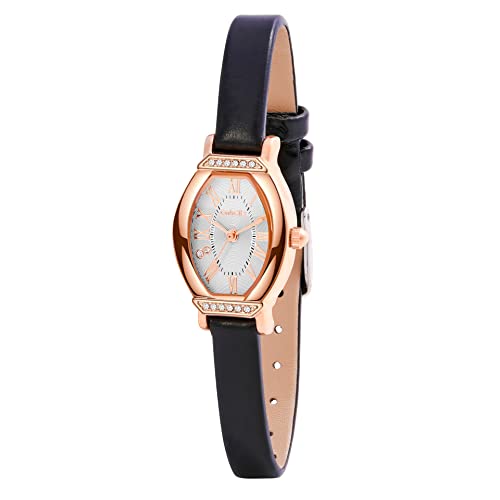 CakCity Women's Dainty Small Oval Leather Strap Watch Ladies Wrist Watch,Black/Rose Gold,CK013,20x27mm