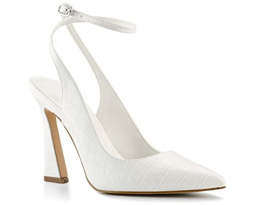 Reoplty Womens Closed Toe Ankle Strap Heels Pointed Toe Pumps Shoes Slingback High Heel Wedding Dress Shoes White