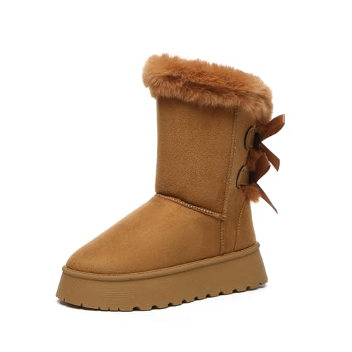 Bernal Mid-Calf Snow Boots for Women Platform Faux Fur Boots Slip-On Warm Comfortable Ankle Outdoor Shoes (Brown 7.5)