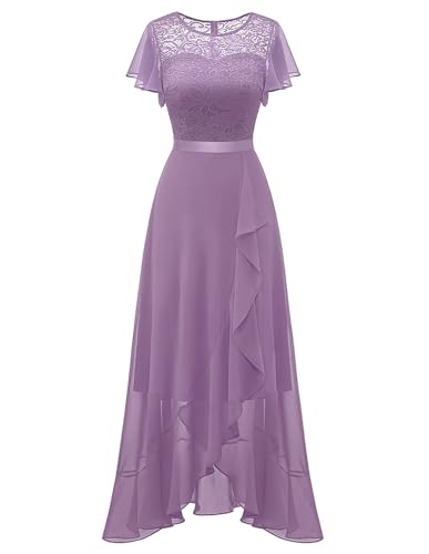 BeryLove Prom Dresses for Women Wedding Guest Ruffe Short Sleeve Elegant Cocktail Bridesmaid Party Dress High Waist Lace Long Formal Dress 51NC Purple L