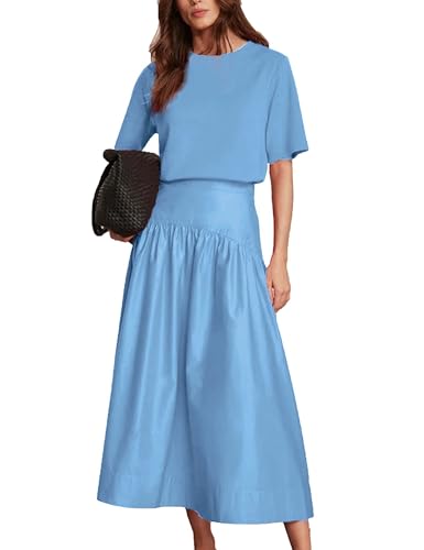 Bozanly Summer Two Piece Outfits Skirts Set for Women Crewneck Short Sleeve Tee and Midi Skirt Sets Dresses(0994-Blue-L)