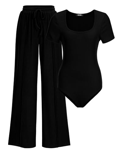 BTFBM Womens Casual 2 Pieces Outfits Dressy Square Neck Short Sleeve Bodysuit Drawstring Pants Knit Lounge Matching Sets(Solid Black, Large)