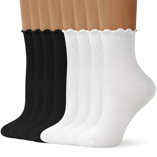 ANDERE ARTE 8 Pairs Womens Ruffle Socks Frilly Ankle Cute Soft Breathable Lettuce Edge Crew Socks for Women 4 White+4 Black
