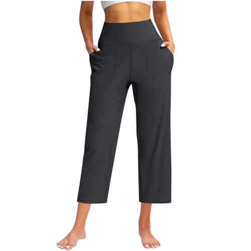 Women Leg Length Casual Pants Summer Yoga Running Pocket Lightweight High Waist Trousers Comfy Basic Solid Trouser Pantalon Jogging Femme Dark Gray