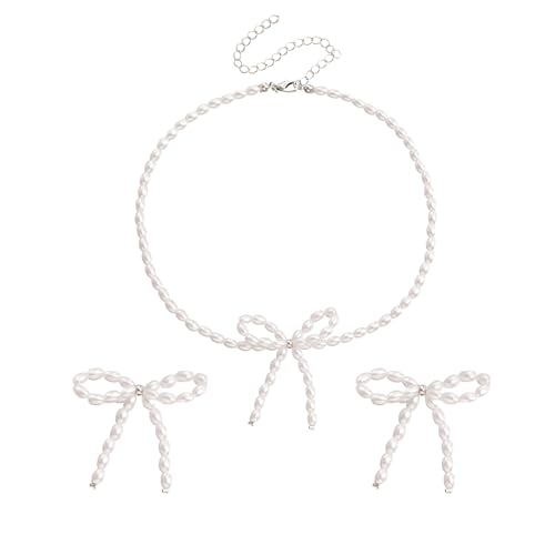 QXFQJT Pearl Bow Earrings Necklace Set Coquette Ribbon Bowknot Earrings Necklace Jewelry for Women (Pearl)