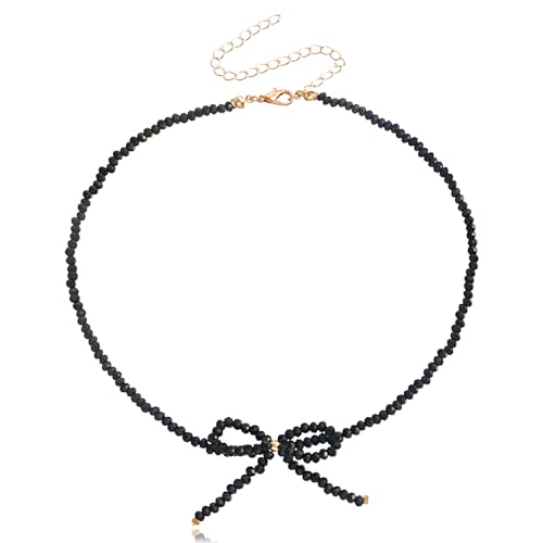 Boho Beaded Choker Necklace Gold Bow Ribbon Chain Necklace Vintage Crystal Bowknot Necklace Wedding Jewelry for Women (black)