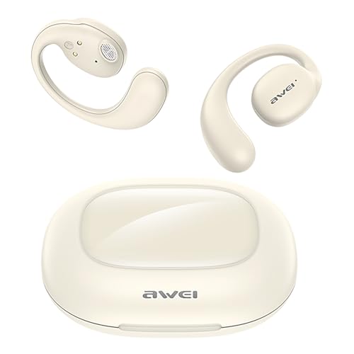AWEI T80 Wireless Over Ear Earbuds Bluetooth Headphones 50hrs Play Back Sport Earphones IPX6 Waterproof Over-Ear Buds with Earhooks Built-in Mic Headset for TV, Mobile, Phones, Laptops Beige