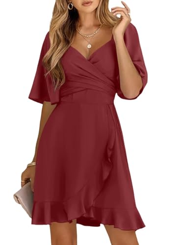 Dokotoo Womens Summer Wrap V Neck Short Flared Sleeve Smocked Elastic Waist Tiered Belted Ruffle Hem Mini Dress Wedding Guest Dresses for Women Ruby M
