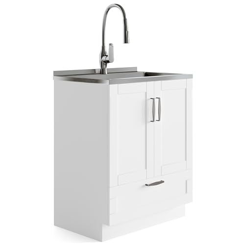 SIMPLIHOME Reed All-in-One Utility Sink & Cabinet in Pure White, 28-inch, Laundry Cabinet with Stainless Steel Sink, Pull-out Faucet, Storage Drawer for Laundry Room