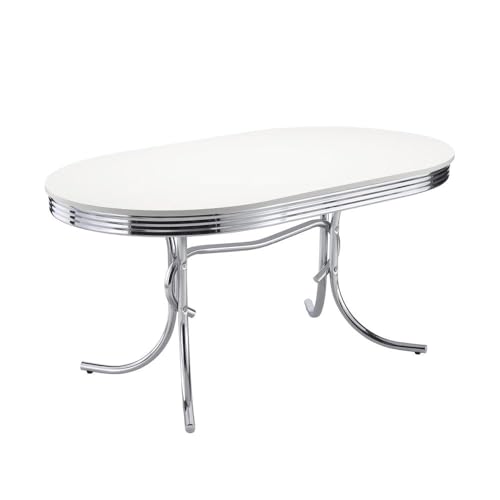 FurniFact Silver Oval Dining Table with Glossy White Top, Featuring Chrome Accents, Ideal for Stylish Dining Rooms and Versatile Seating Arrangements