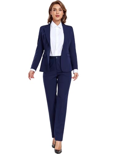 Women's Suiting Navy Lady Formal Jacket 2 Piece Outfit Business Office One Button Blazer Pant Slim Fit Suit Set for Work-L