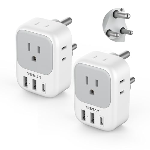 South Africa Plug Adapter 2 Pack, TESSAN Type M Power Adapter with 4 AC Outlets 3 USB Ports(1 USB C), Travel Adaptor US to Botswana Namibia Nepal Bhutan