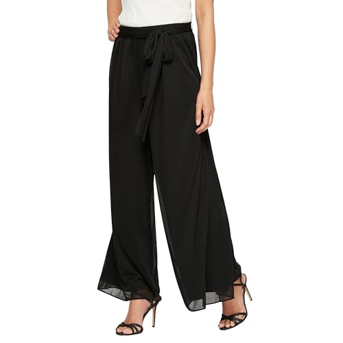 Alex Evenings Women's Wide Leg Chiffon Dress Pant for Mother of The Bride, Elegant Party Outfit (Petite and Regular Sizes), Black Mesh Tie Waist, X-Large