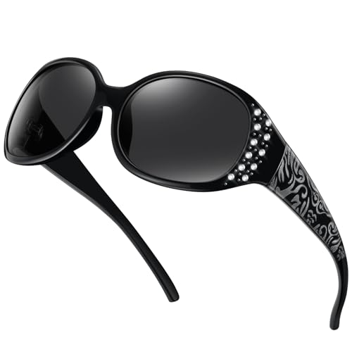 HAOLOTA Polarized Sunglasses for Women, Rhinestone Wrap Around Sunglasses with UV400 Protection