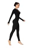 Sunzel Long Sleeve Jumpsuits for Women, Ribbed One Piece Casual Yoga Workout Zip Front Bodysuits, Legging Fit & Thumbhole 28" Inseam Black Medium