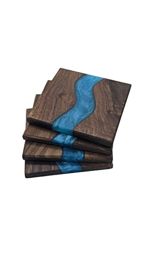 Generic Wood Coaster Set for Drinks | Handmade with Dark Walnut & Natural Wood Sealant Finish for Water Resistance, Easy Cleaning & No Stains | Epoxy Resin River (4 Pieces) (Blue)
