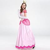 Princess Peach Costume Adult Women Super Mario Themed Party Fancy Dress Up Short Puff Sleeve Long Maxi Dresses + Gloves + Crown 3Pcs Fairy Outfit Halloween Christmas Carnival Cosplay Pink L