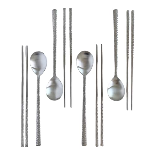 cozymomdeco Korean Made Silver Glossy Hammered Stainless Steel Korean Spoon & Chopstick SET Gift for Mom (4SET)