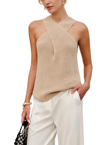 Yeokou Women Halter Cross Over Collar Tank Knit Sleeveless Top Solid Color Casual Summer Blouse(Khaki-S)