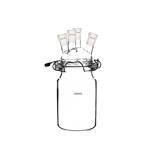 Deschem 24/40 Glass Cylindrical Reactor 4-Neck Flat Bottom Lab Reaction Vessel Four Necks W/Lid and Clamp